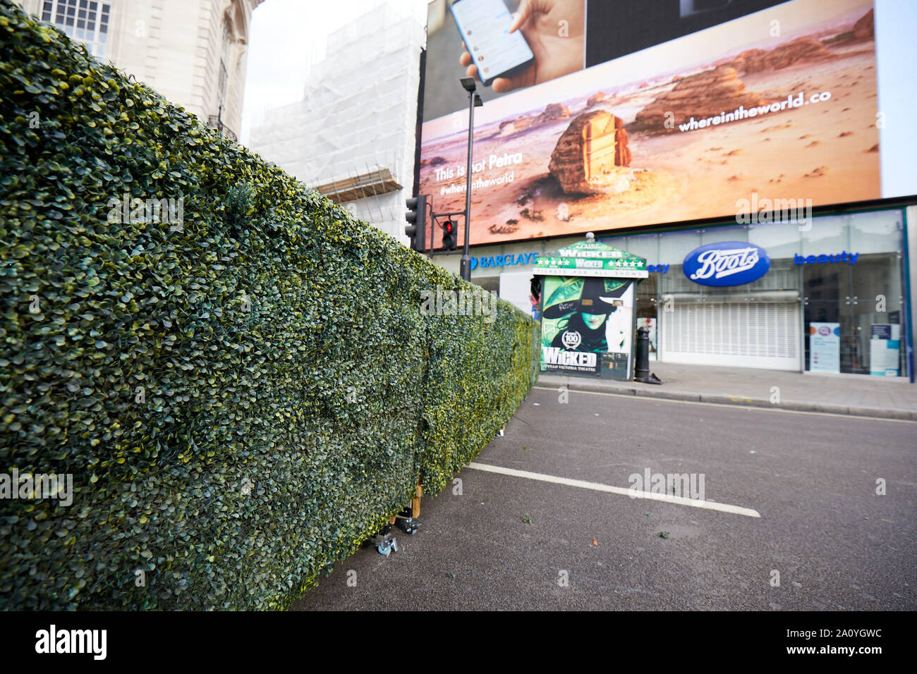 London, U.K. - Sept 22, 2019: An artifical hedge placed along Regent Street as part of activties across the capital to mark London car-free day. Stock Photo