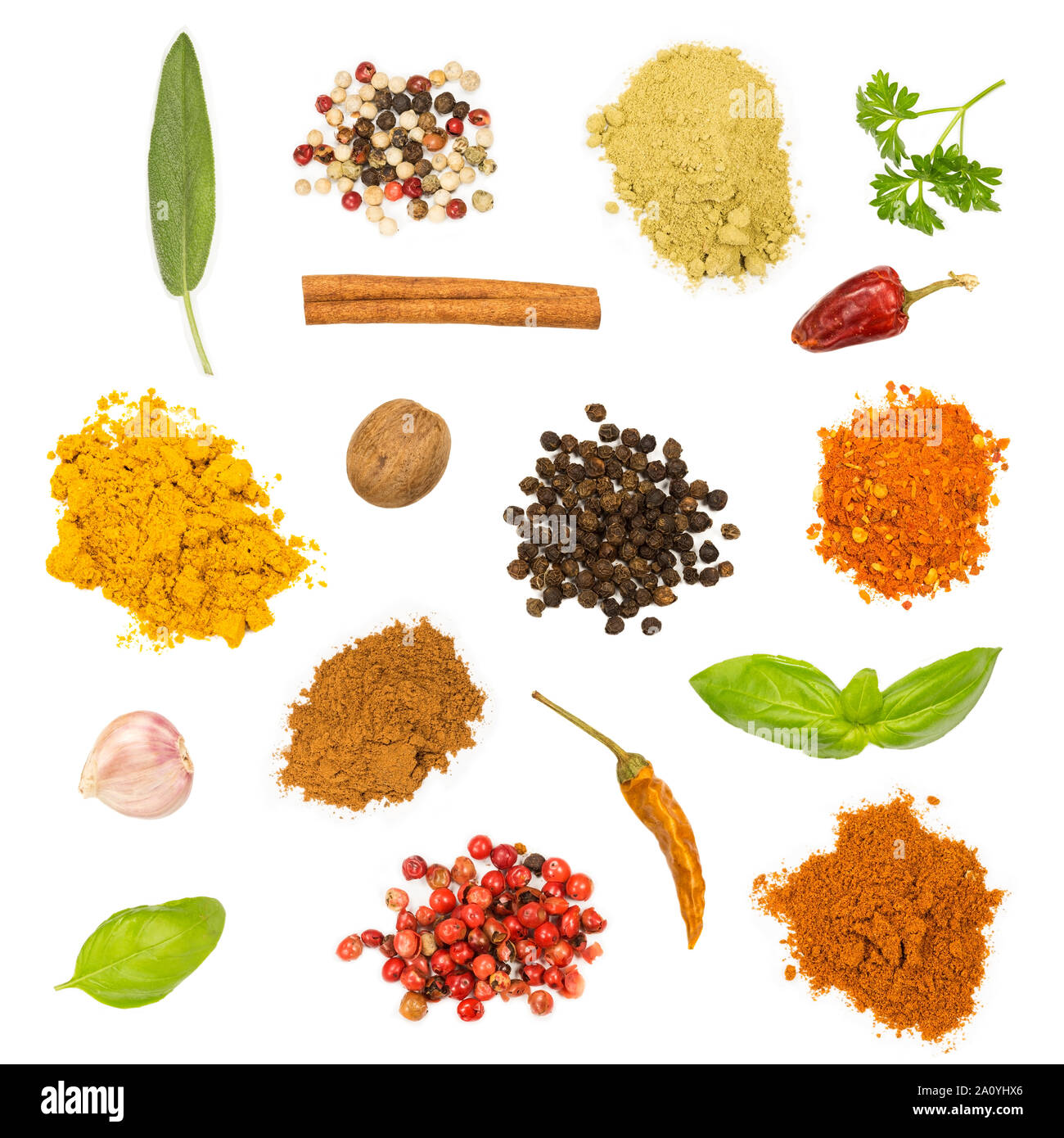 Various herbs and spices isolated on white background Stock Photo