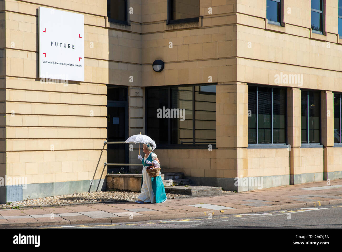 Old Lady From Future ?. Old Lady in Period Costume walking past Future