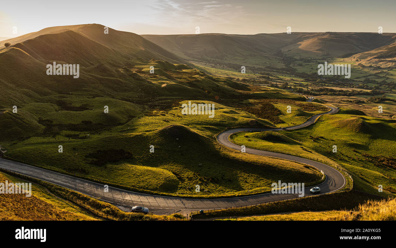 The road leading down to Edale in the Peak district at sunset. Image taken from Mam Tor. Stock Photo
