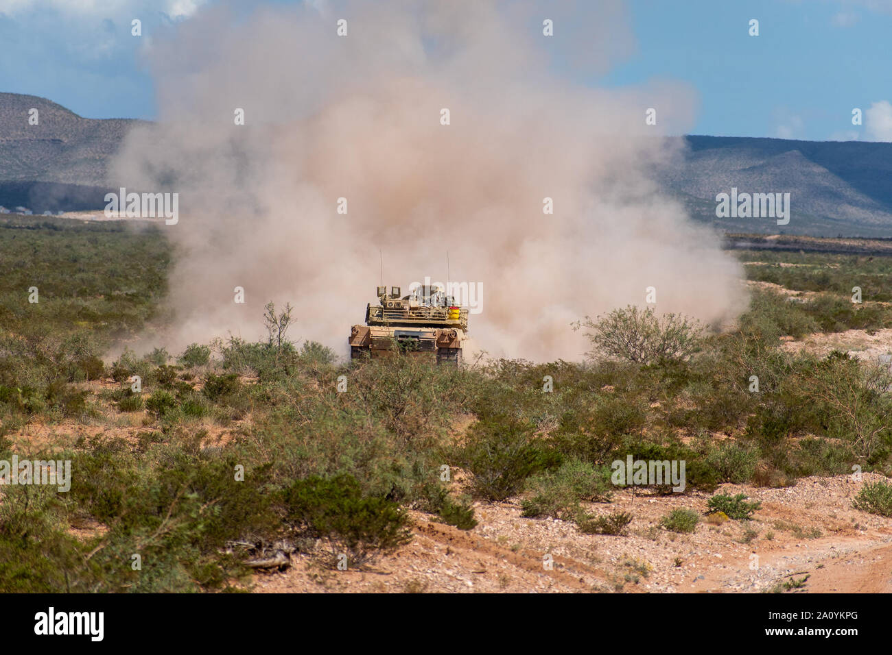 U.S. Soldiers with Delta Troop, 1-150th Cavalry Regiment, 30th Armored Brigade Combat Team, North Carolina Army National Guard, conduct a Combined Arms Live Fire Exercise (CALFX) in the vicinity of Fort Bliss, Texas, Sept. 20, 2019. The unit is mobilized to support Operation Spartan Shield in the Middle East with units from the North Carolina, South Carolina, West Virginia and Ohio Army National Guard. (U.S. Army National Guard photo by Sgt. Devin Lewis) Stock Photo