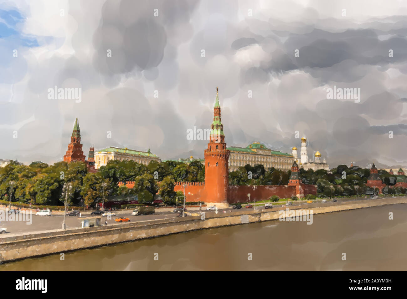 View of the Moscow Kremlin, Russia - Watercolor style. Stock Photo