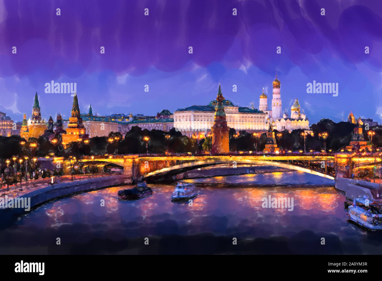 Illuminated Moscow Kremlin, Kremlin Embankment and Moscow River at night in Moscow, Russia. Watercolor style. Stock Photo