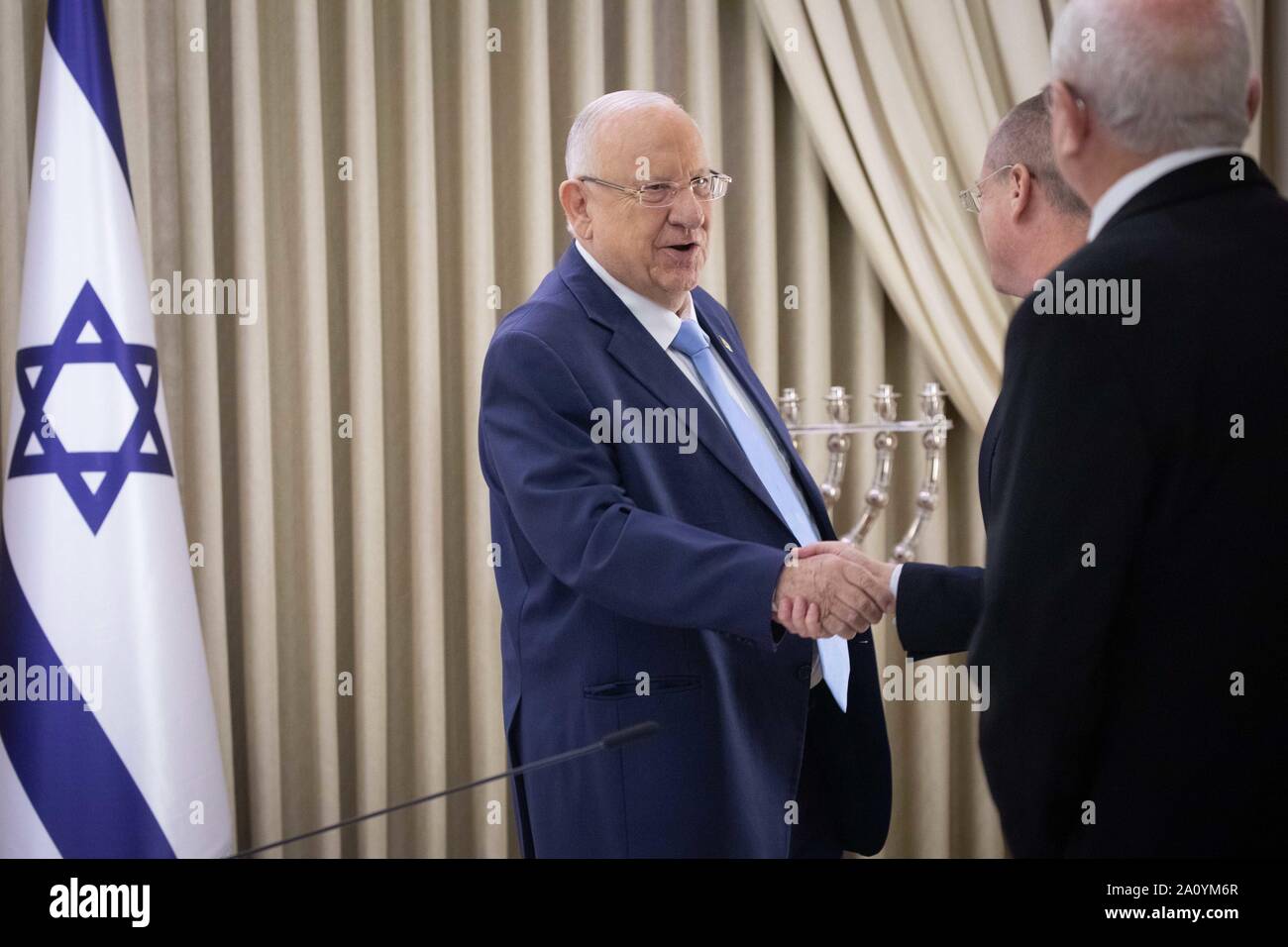 (190922) -- JERUSALEM, Sept. 22, 2019 (Xinhua) -- Israeli President Reuven Rivlin (L) meets with members of the Yisrael Beiteinu party at the President's Residence in Jerusalem, on Sept. 22, 2019. Israeli President Reuven Rivlin began on Sunday consultations with all elected parties before he decides the person who will be tasked with forming Israel's next government amid post-election political stalemate. (Yonatan Sindel/JINI via Xinhua) Stock Photo