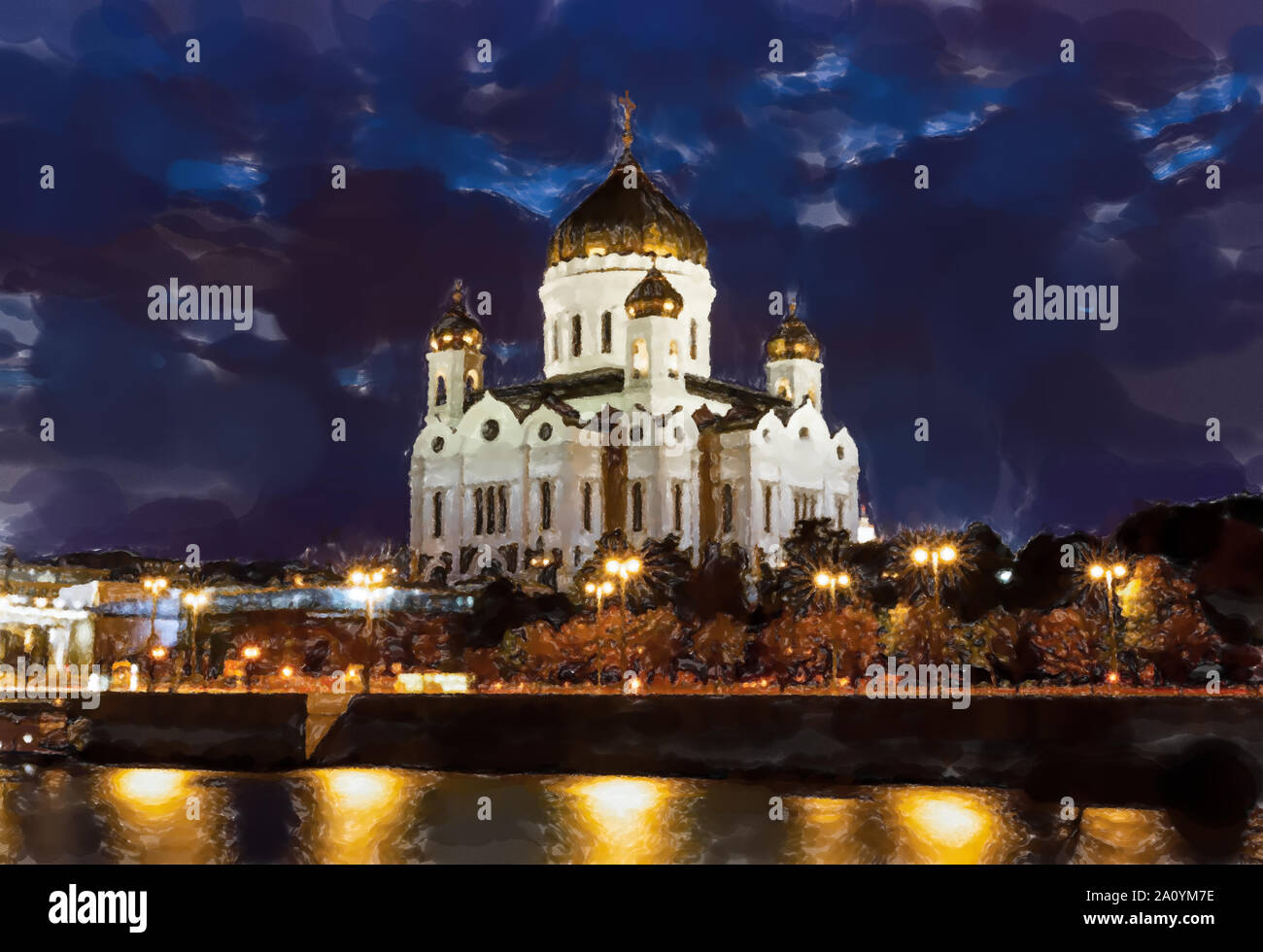 Illuminated Cathedral of Christ the Savior framed with old style street lights of Patriarchy Bridge at night. Watercolor style. Stock Photo