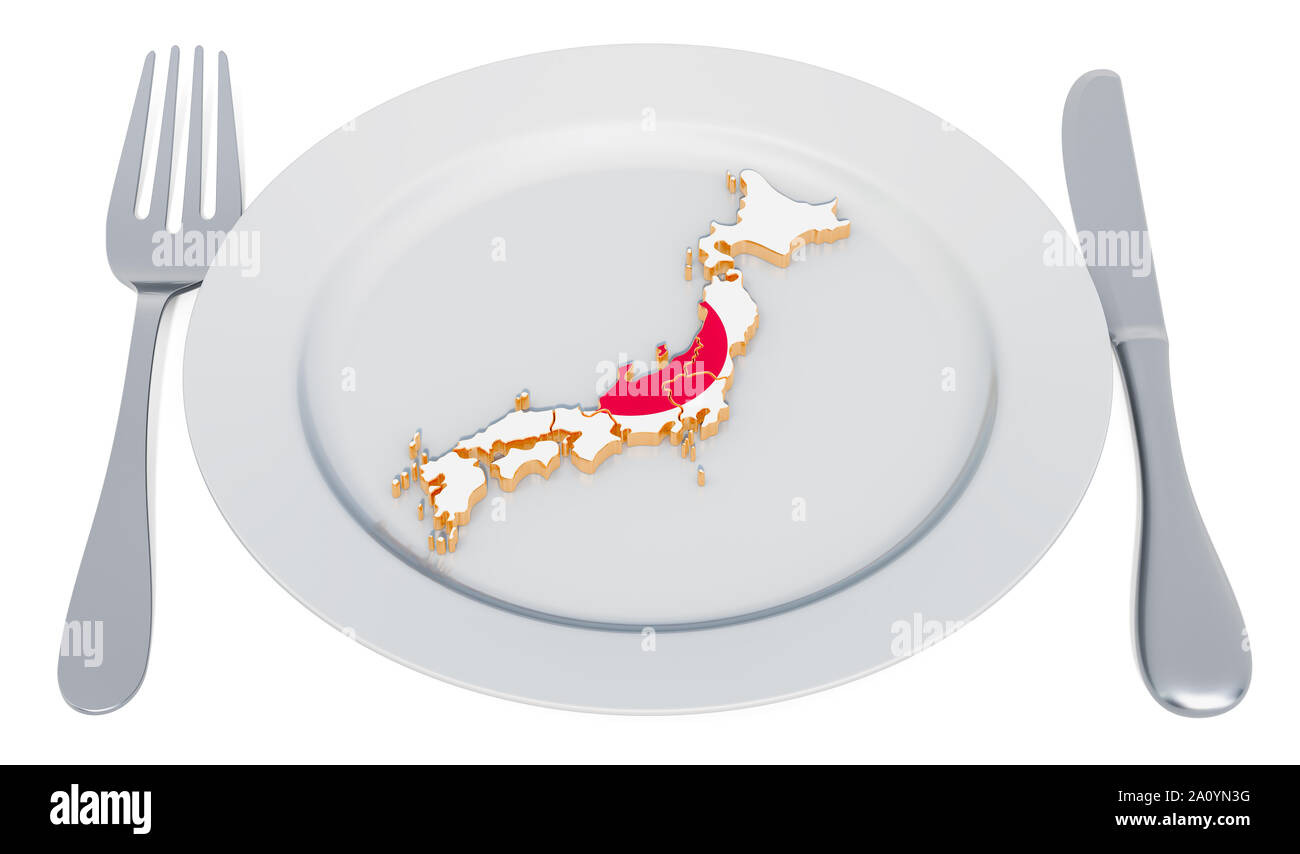 Japanese cuisine concept. Plate with map of Japan. 3D rendering Stock Photo