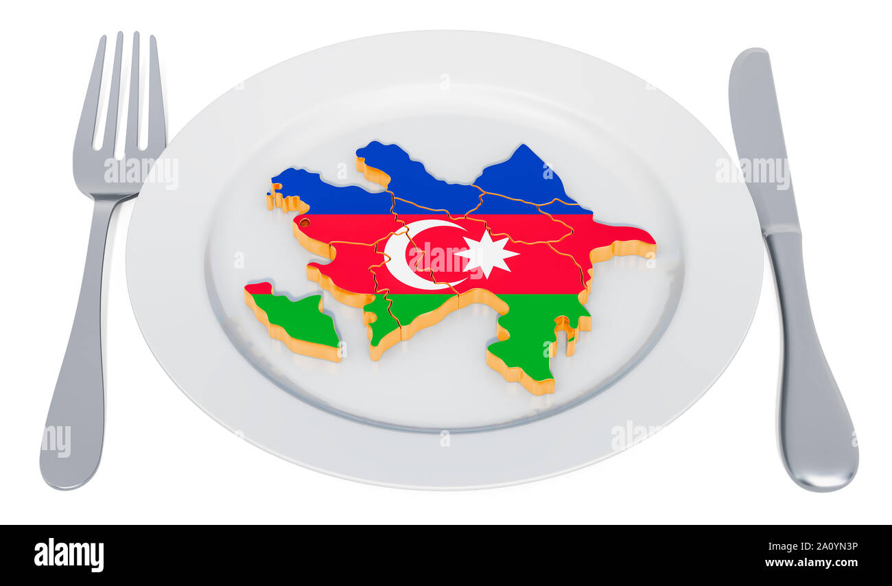 Azerbaijani cuisine concept. Plate with map of Azerbaijan. 3D rendering Stock Photo
