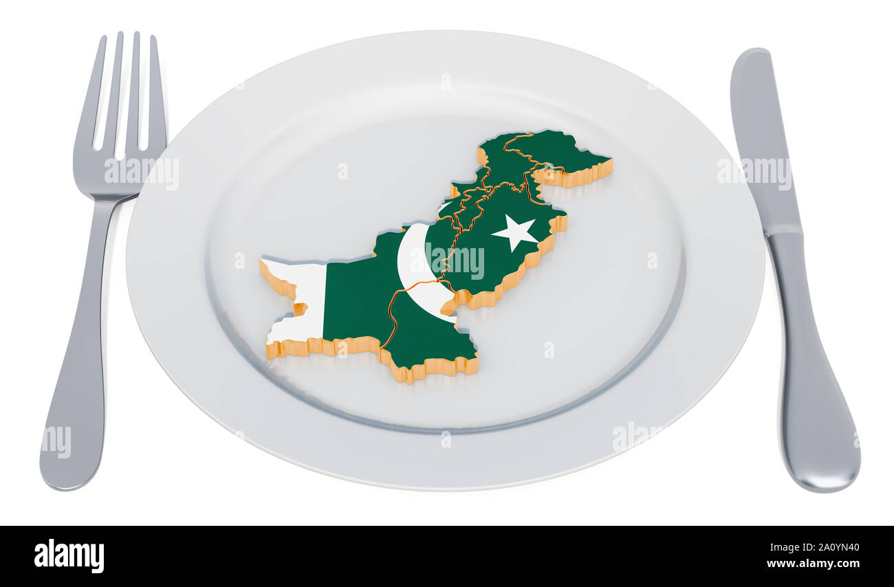 Pakistani cuisine concept. Plate with map of Pakistan. 3D rendering Stock Photo