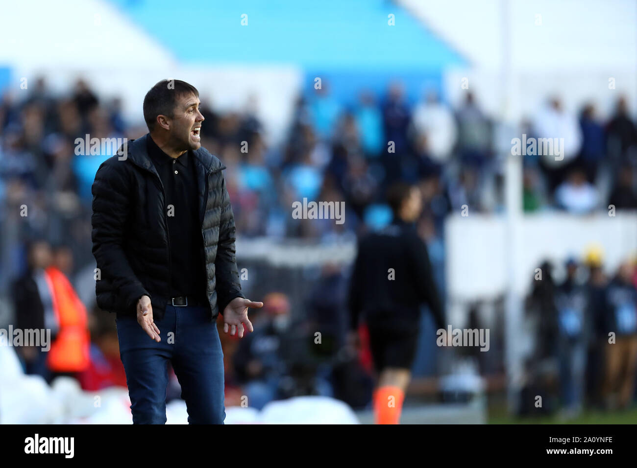 Buenos Aires, Argentina - September 22, 2019: Eduardo Coudet (Racing Club) doing gestures in a match in Buenos Aires, Argentina Stock Photo