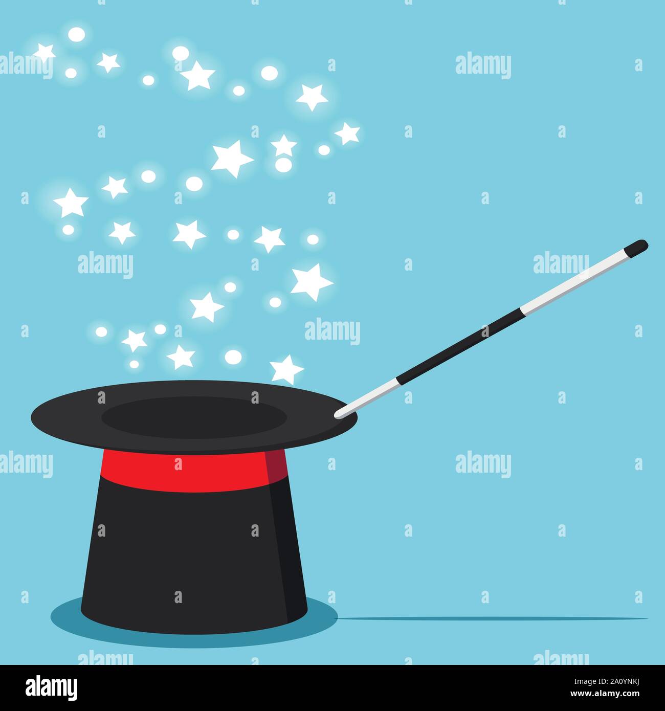 Vector flat design cartoon style illustration magic black hat with magic wand and magical glow stars sparkles isolated Stock Vector