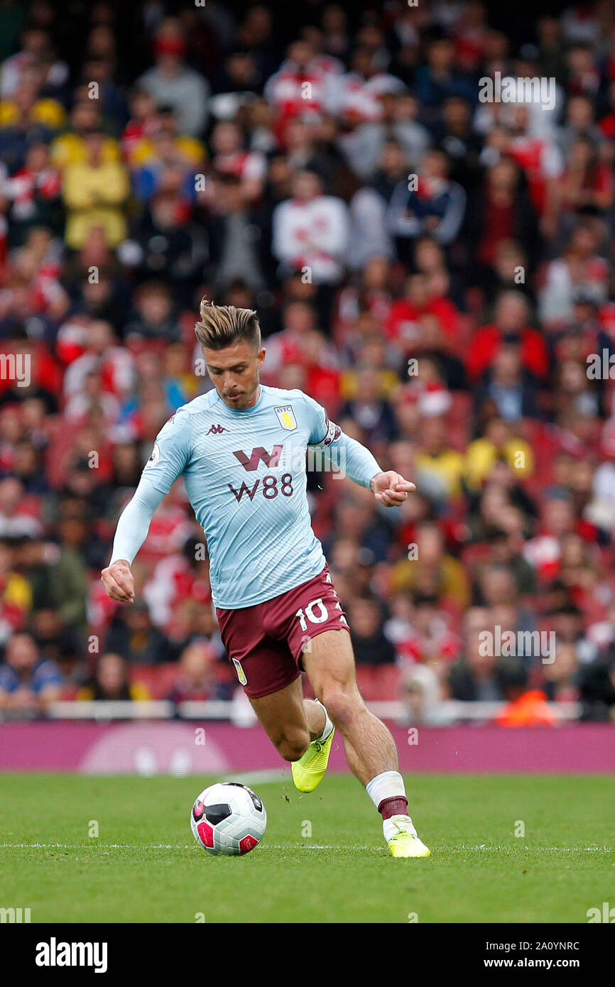 London, UK. 22nd Sep, 2019. Jack Grealish of Aston Villa on the ball during the Premier League match between Arsenal and Aston Villa at the Emirates Stadium, London, England on 22 September 2019. Photo by Carlton Myrie/PRiME Media Images. Credit: PRiME Media Images/Alamy Live News Stock Photo