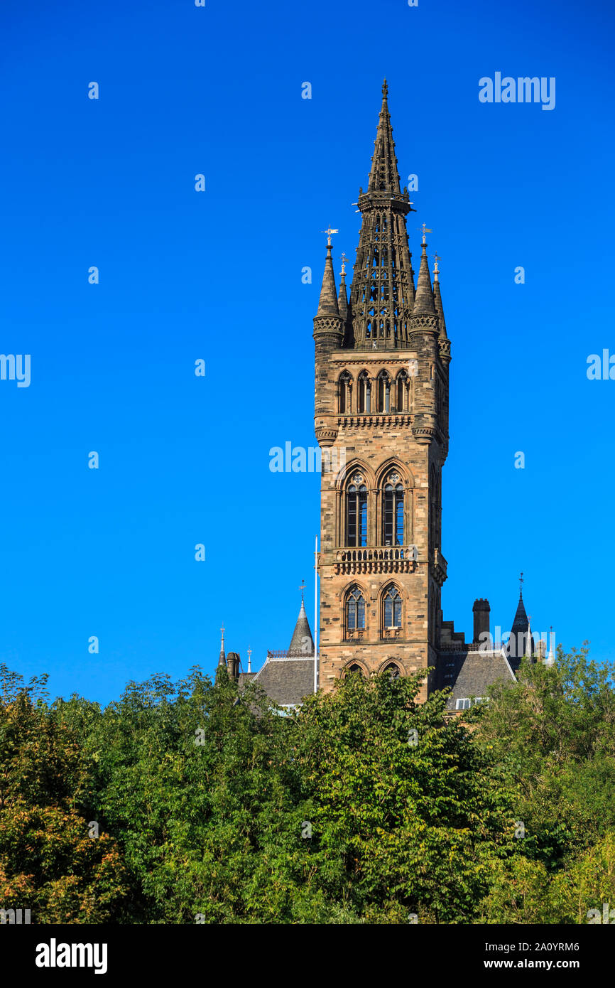 The iconic main building of Glasgow University viewed from Kelvingrove