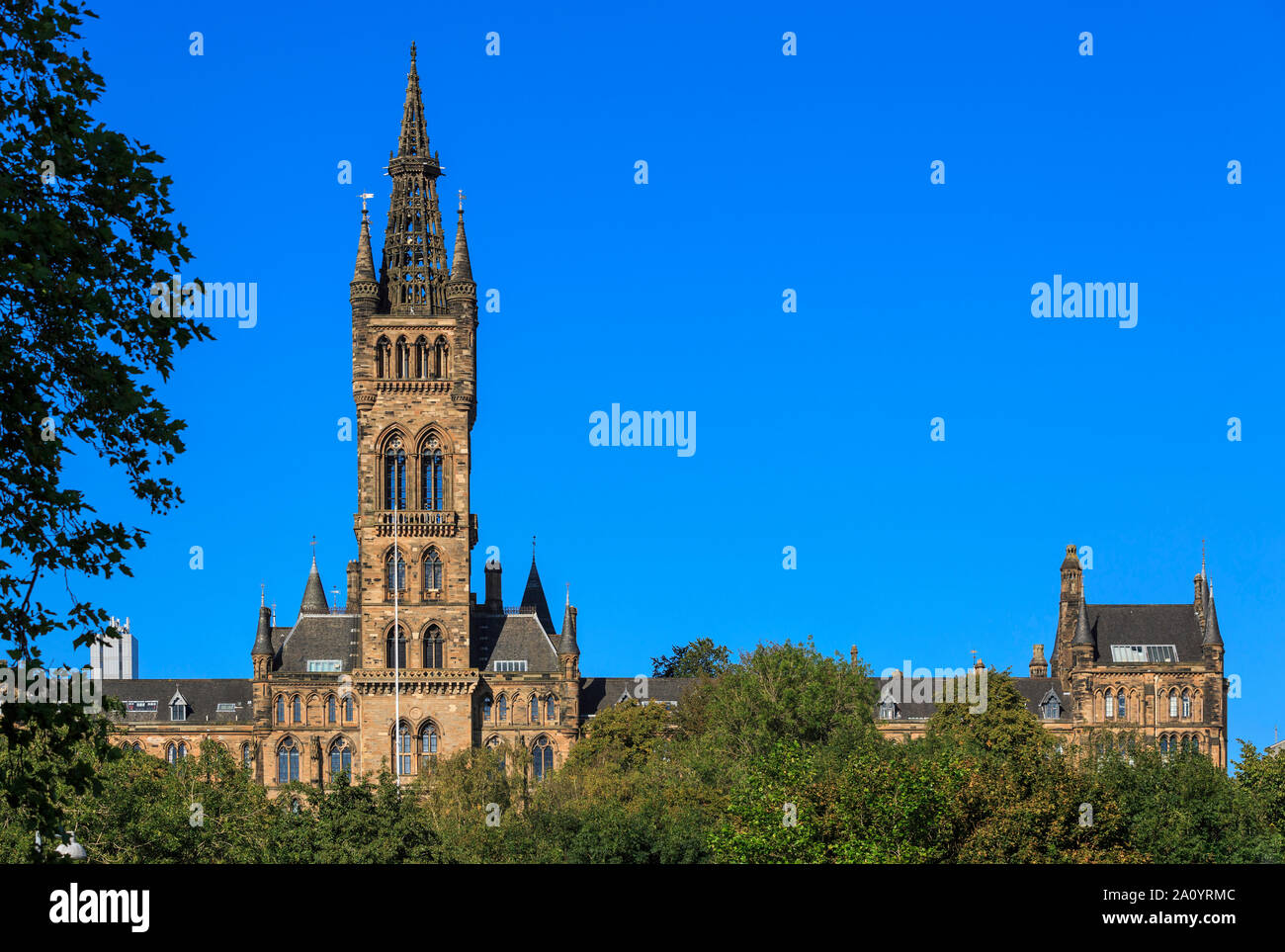 The iconic main building of Glasgow University viewed from Kelvingrove
