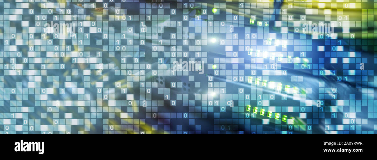 Binary code on datacenter background. Cyber space concept. UniqueTechnology Wallpaper. Stock Photo
