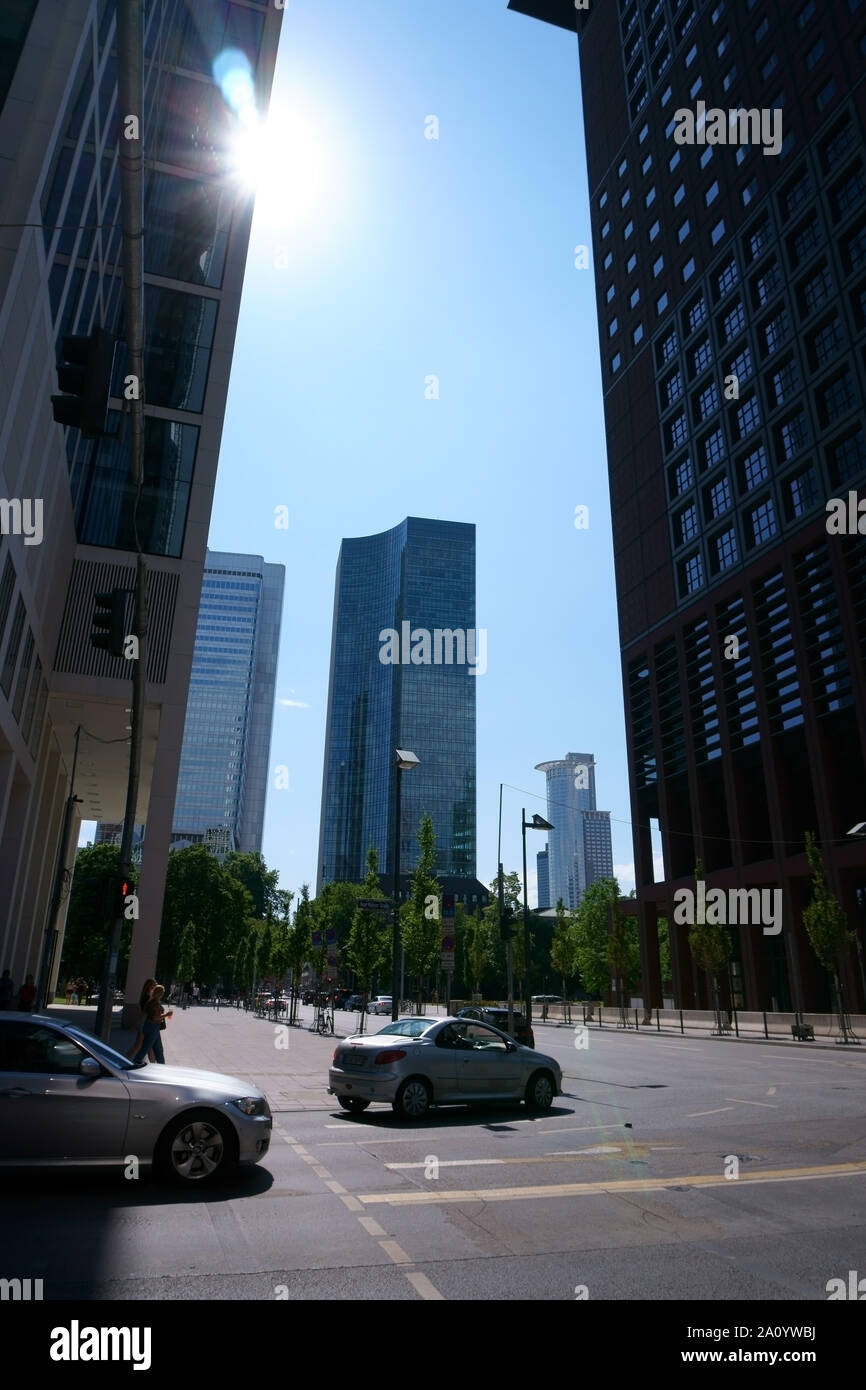 Frankfurt, Germany - April 18, 2019: Various skyscrapers such as the Westend Tower and the Deutsche Bank skyscraper on Neue Mainzer Road on April 18, Stock Photo