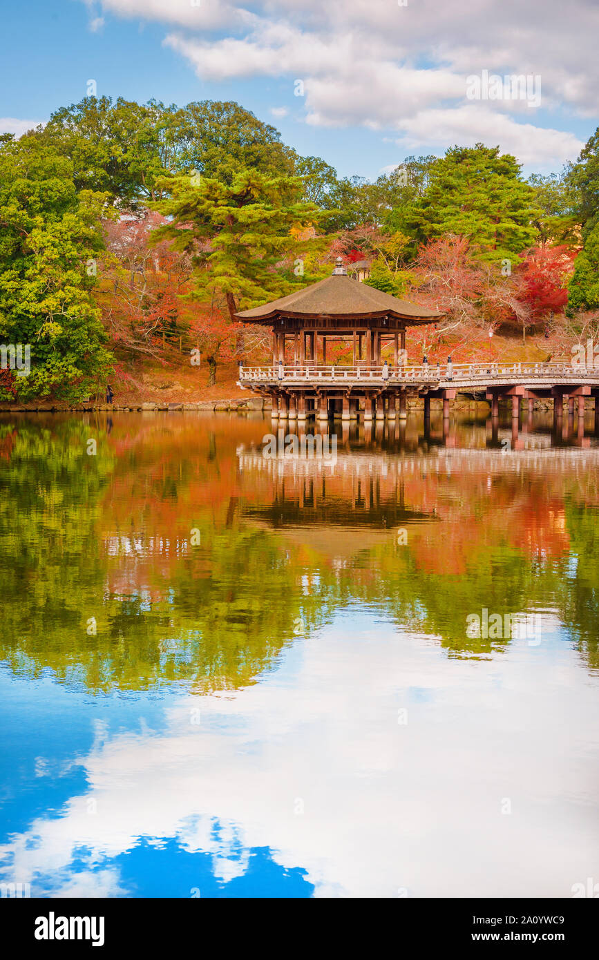 Scenic view of Nara public park in autumn, with maple leaves, pond and old oriental pavilion reflected in the water Stock Photo