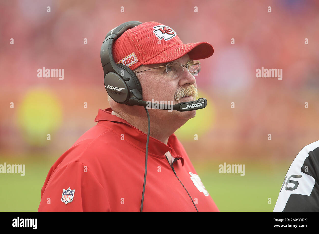 Kansas City, Missouri, USA. 22nd Sep, 2019. Kansas City Chiefs head coach Andy Reid watches an instant replay for a review of potential offensive interference late in the second half during the NFL Football Game between the Baltimore Ravens and the Kansas City Chiefs at Arrowhead Stadium in Kansas City, Missouri. Kendall Shaw/CSM/Alamy Live News Stock Photo