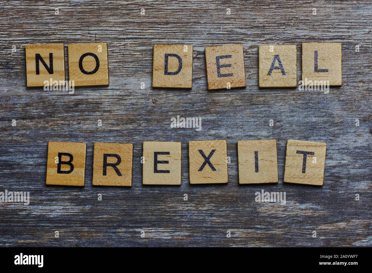 words: no deal Brexit laid with wooden letters on wooden background Stock Photo