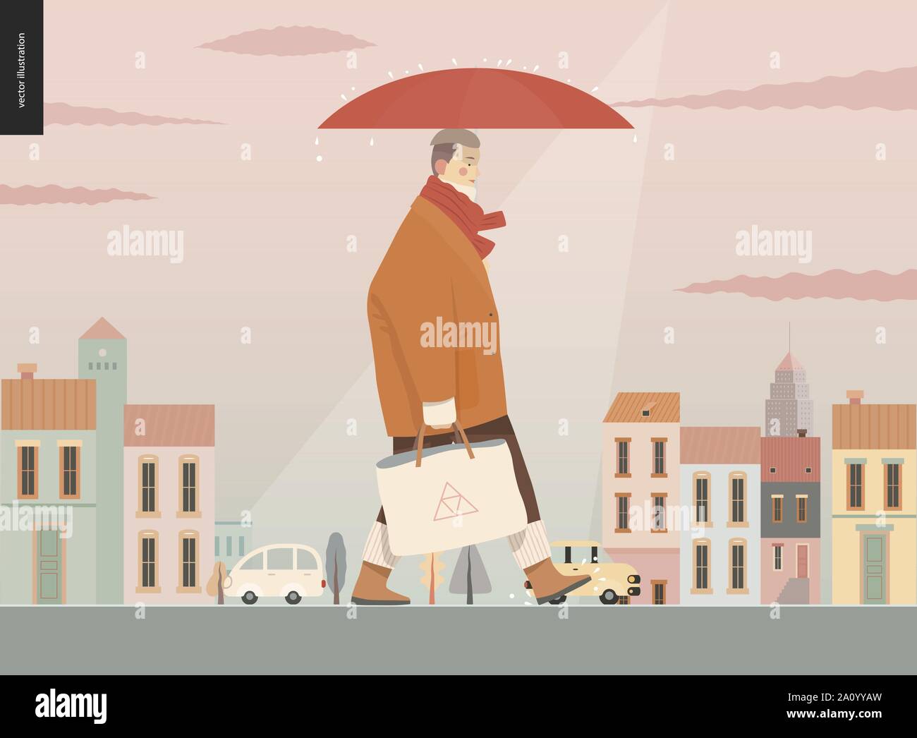 Rain -walking woman -modern flat vector concept illustration of adult woman wearing big coat and scarf, with umbrella and tote bag, standing in the ra Stock Vector
