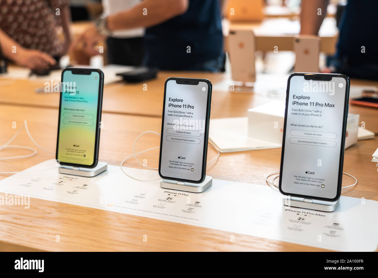 Aventura, Florida, USA - September 20, 2019: The iPhone 11, 11 Pro and Pro Max are displayed as the new smartphone by Apple goes on sale on the first Stock Photo