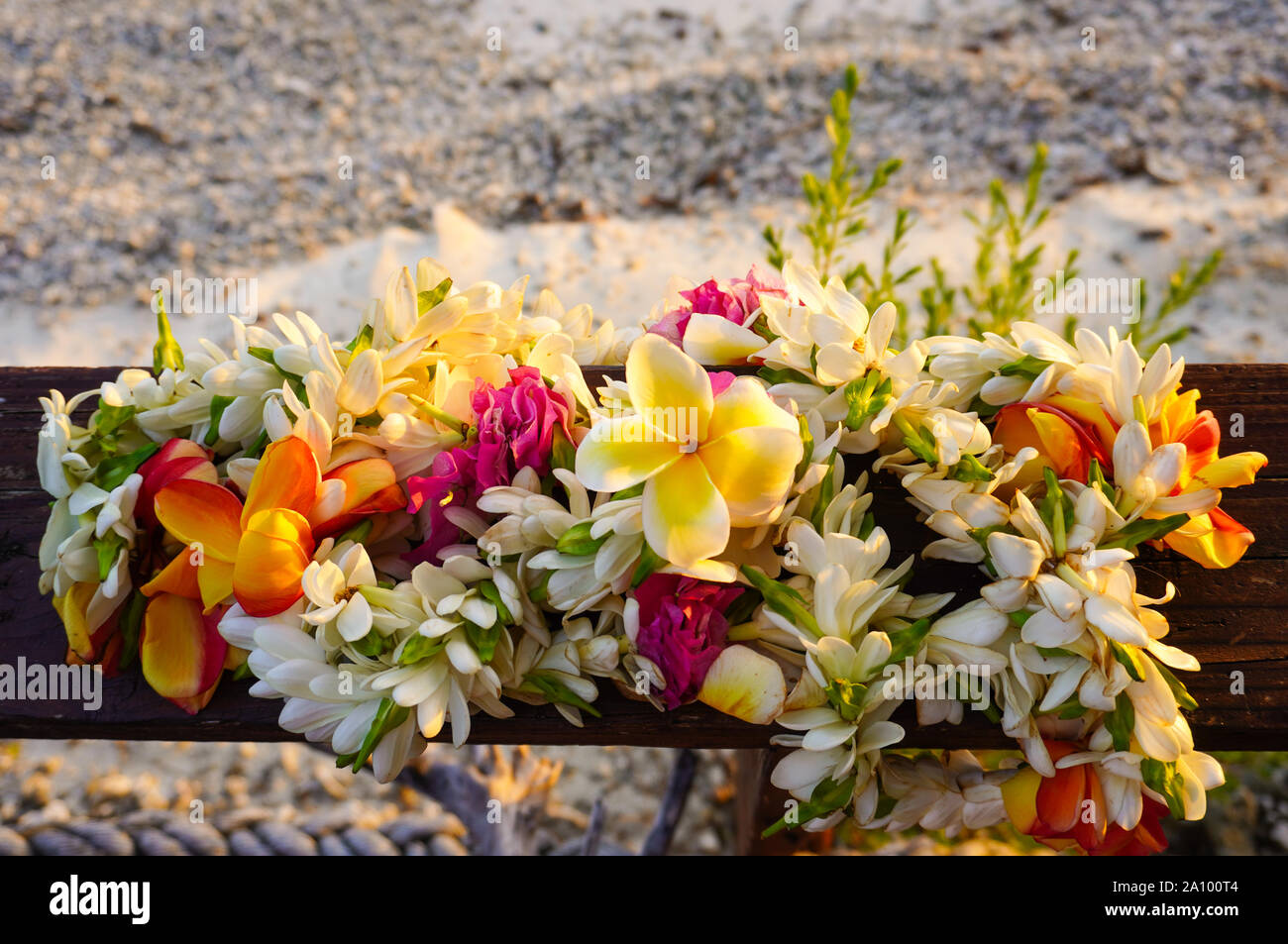 A lei of beautiful tropical flowers rests on a wooden railing above a white sandy beach Stock Photo
