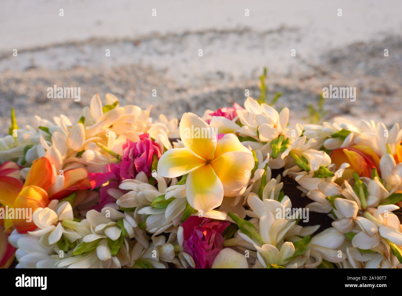 A lei of beautiful tropical flowers rests on a railing above a white sandy beach Stock Photo