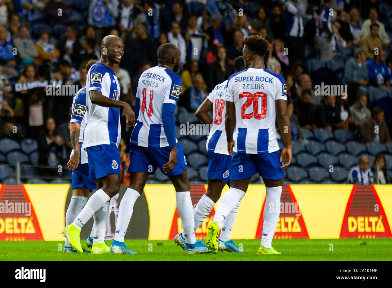 Porto, Portugal. 22nd Sep, 2019. FC Porto's player Danilo celebrates with his teammates after scoring a goal during the match for round 6 of Portuguese First League at Dragon Stadium in Porto.( Final score; FC Porto 2:0 CD Santa Clara) Credit: SOPA Images Limited/Alamy Live News Stock Photo