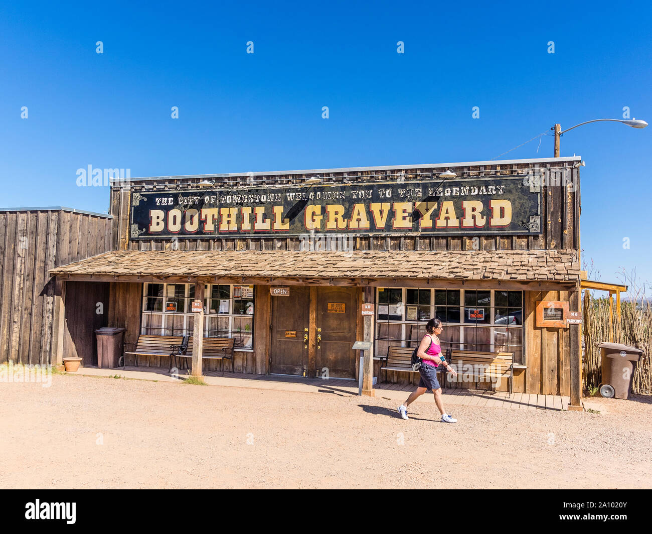 Front of the false front wooden building at the entrance to the Boothill Graveyard in Tombstone, Arizona. Stock Photo