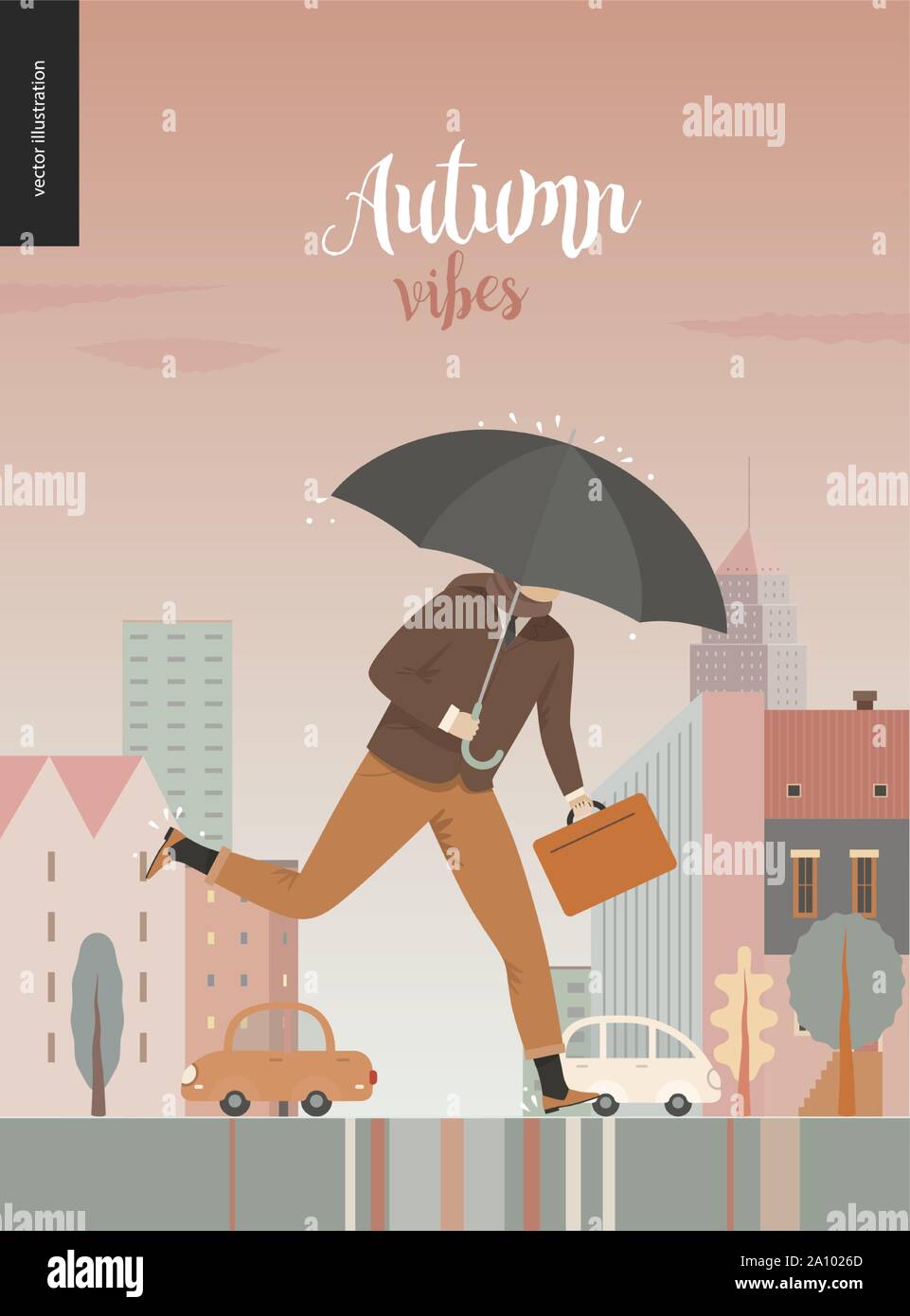 Rain - running businessman -modern flat vector concept illustration of an adult man wearing suit, with an umbrella and suitcase, running under the rai Stock Vector
