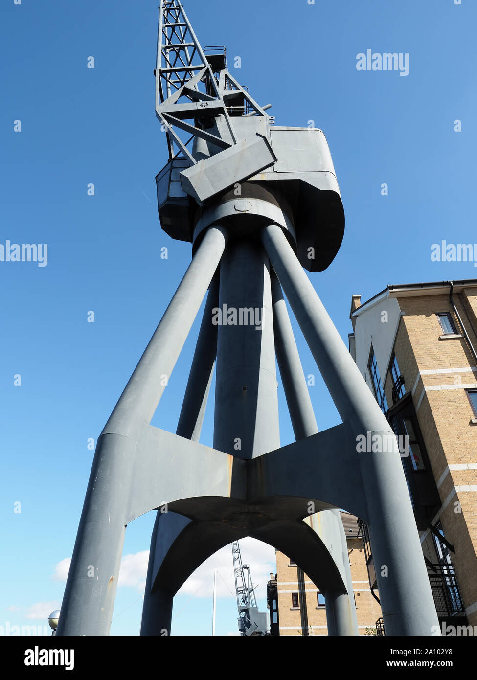 View looking up at a crane on the south side of the Royal Victoria Docks in London Stock Photo