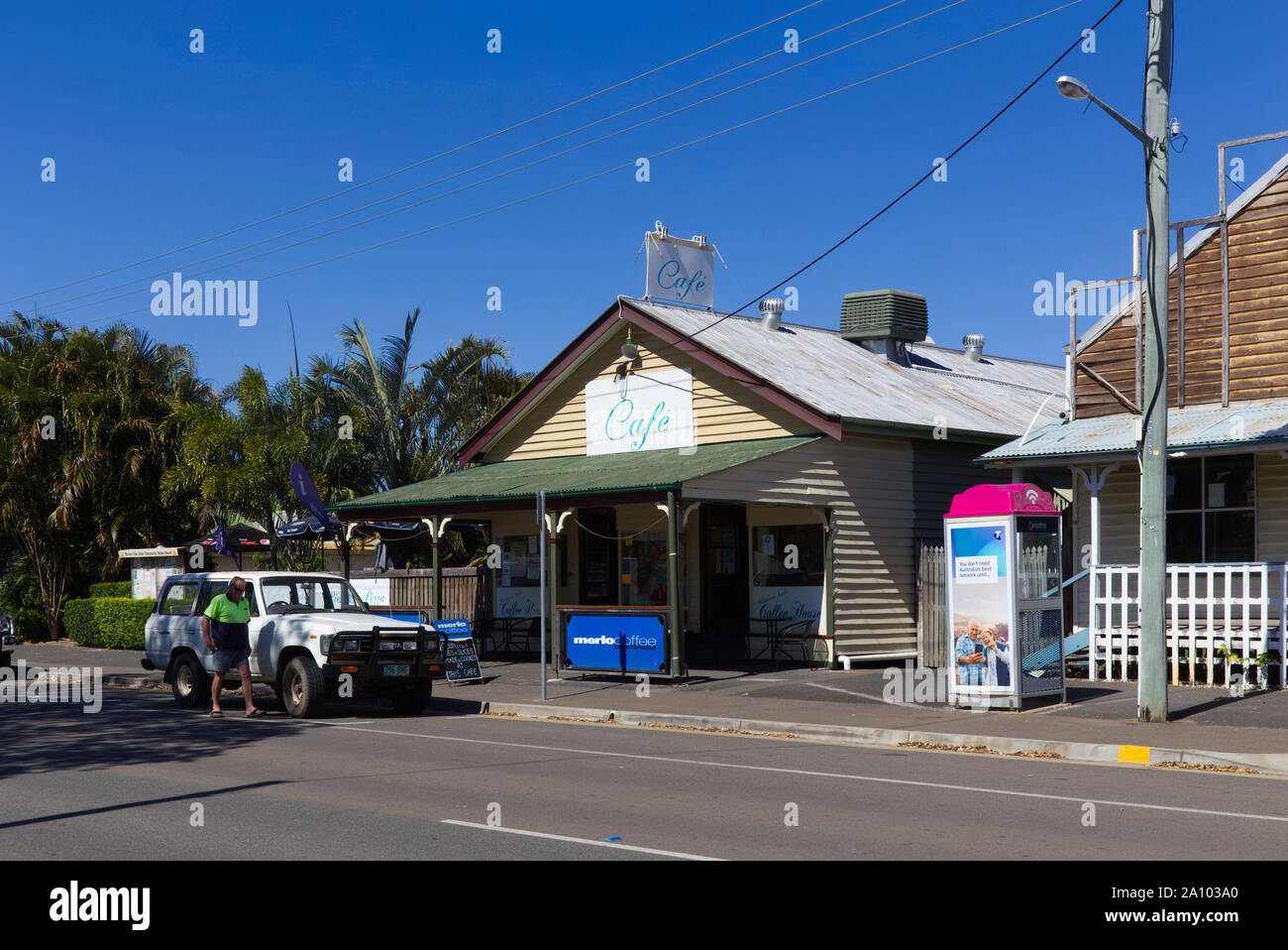 Historic timber constructed shopfront housing the local cafe on Blomfield Street Miriam Vale Queensland Australia Stock Photo