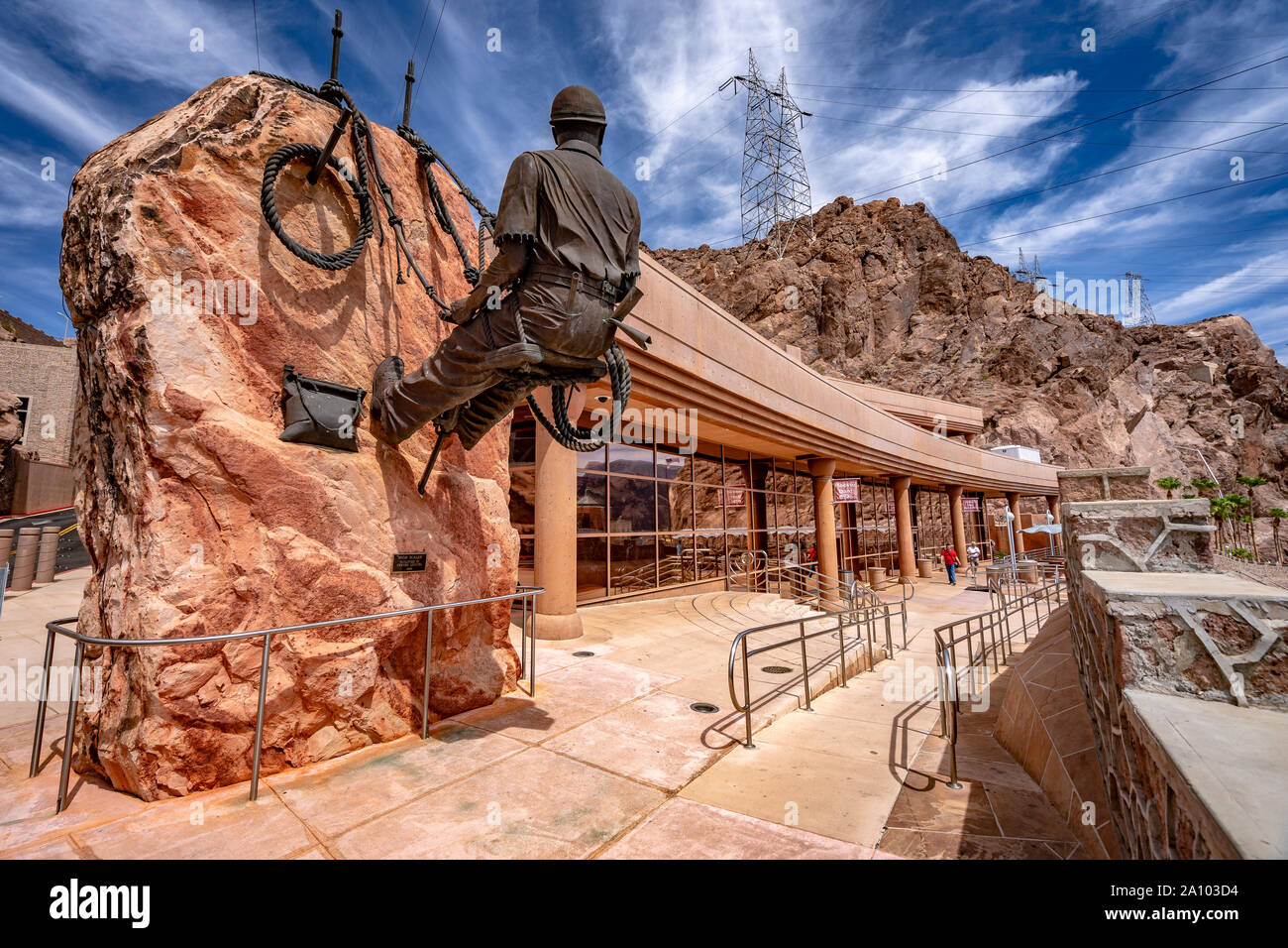Hoover Dam, Nevada, USA - High Scaler sculpture at the visitor center Stock Photo