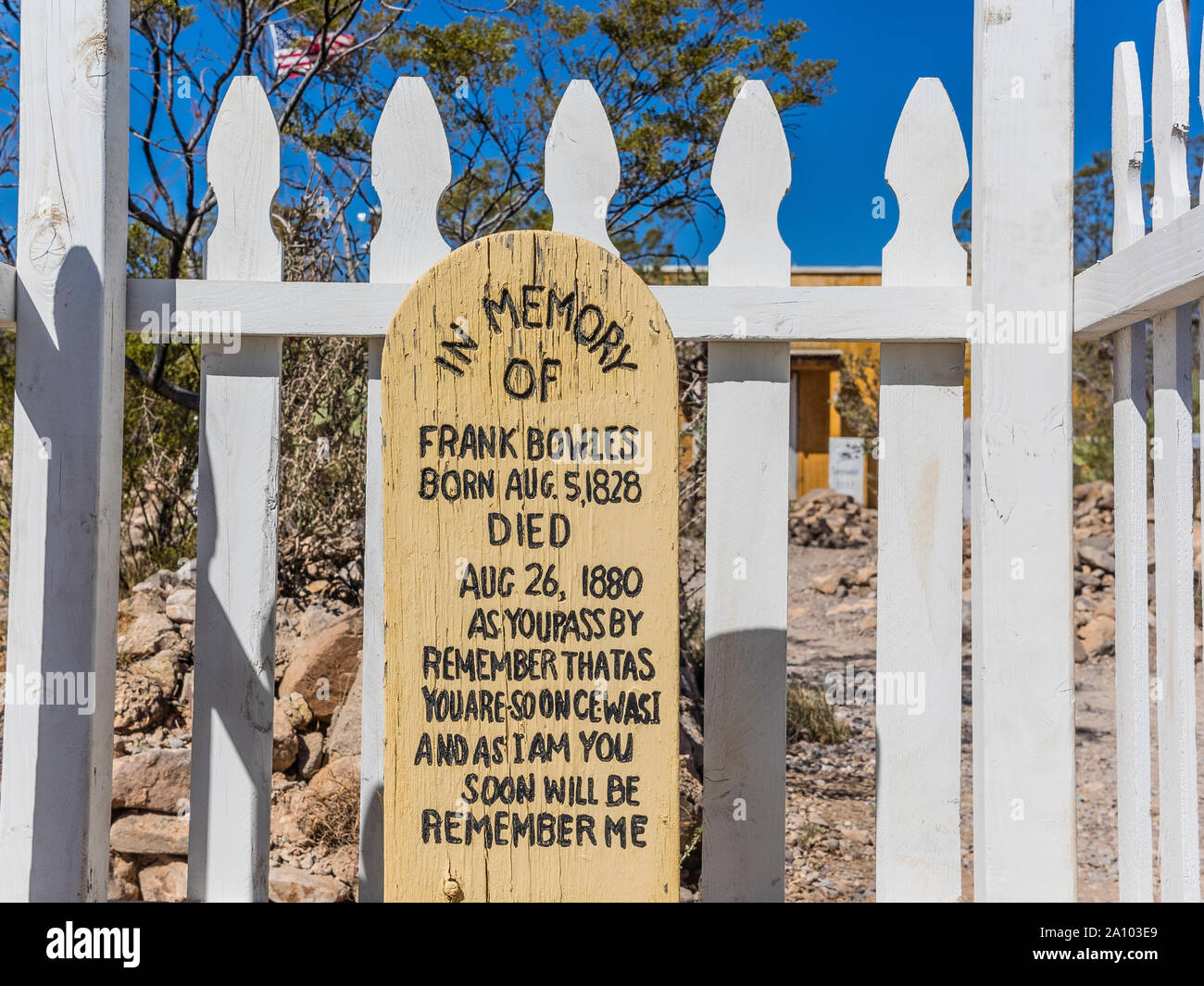 Grave of Frank Bowles with a wooden tombstone in Boothill Graveyard in Tombstone, Arizona. Stock Photo