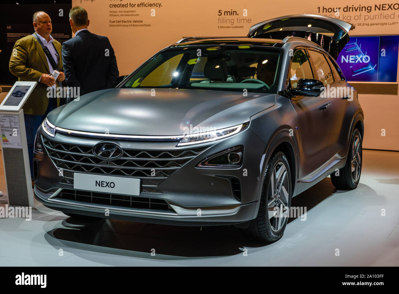 FRANKFURT, GERMANY - SEPT 2019: gray black carbon HYUNDAI NEXO is ...
