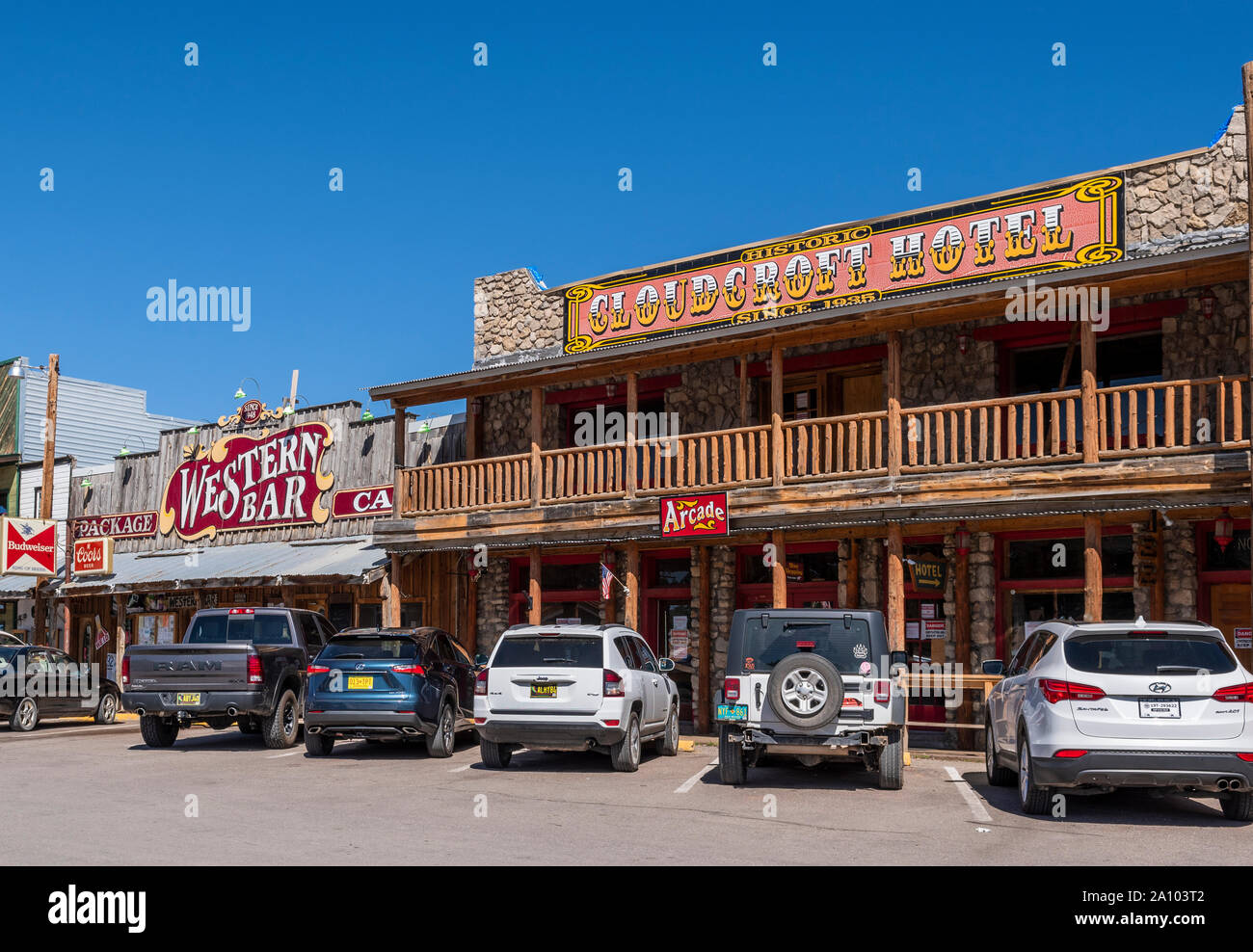 Historic Burro Street and Cloudcroft Hotel in Cloudcroft, New Mexico, Otero County, USA. Stock Photo