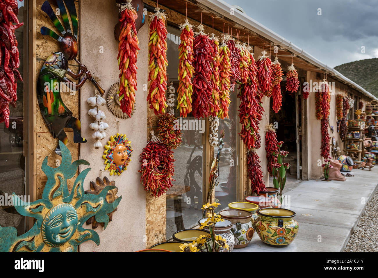 Roadside market selling chile ristras and Mexican imports in the Hondo Valley, New Mexico, USA. Stock Photo