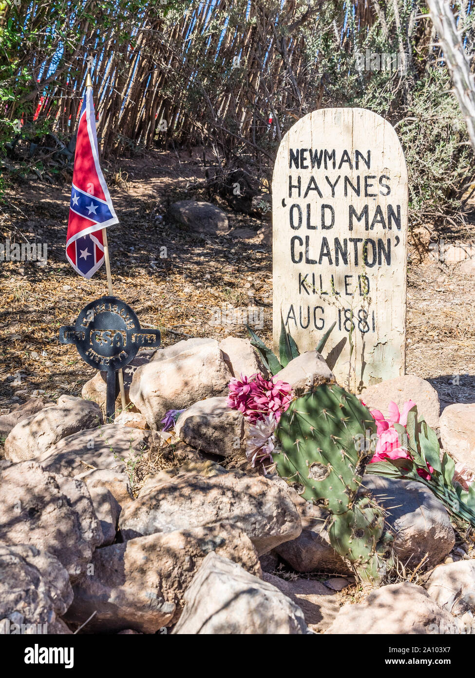 The grave of Newman Haynes, 'Old Man Clanton,' killed August 1881 in Tombstone, at the Boothill Graveyard in Tombstone, Arizona. Stock Photo
