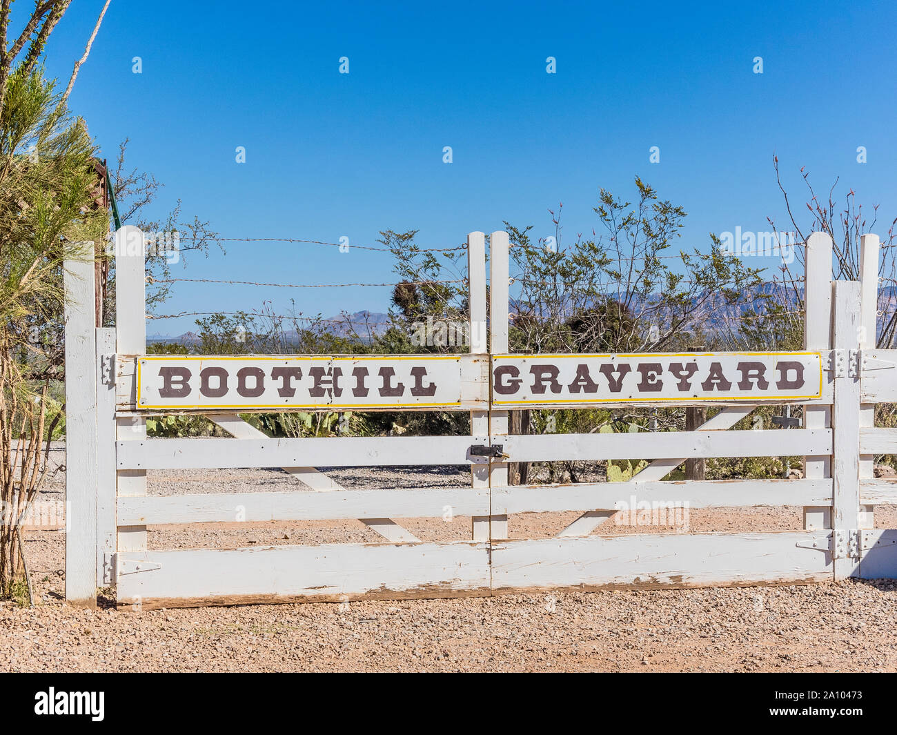 White wooden gates at the entrance to the Boothill Graveyard in Tombstone, Arizona. Stock Photo