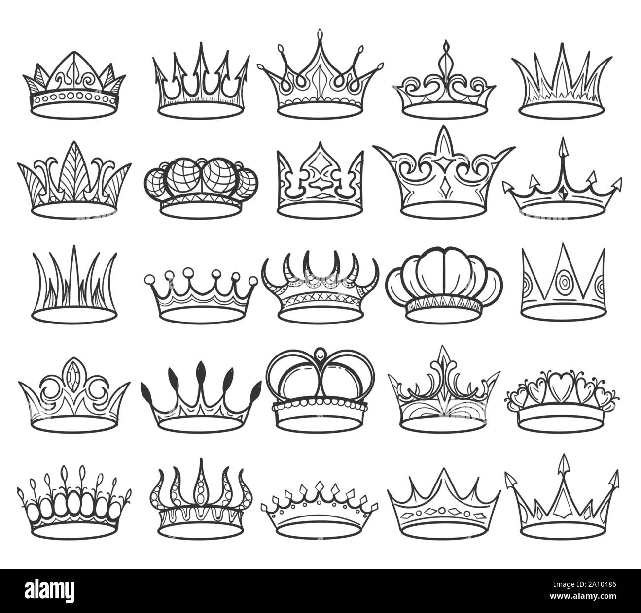 Doodle crowns. Sketch crown of queen or king icons set. Vector illustration. Stock Vector