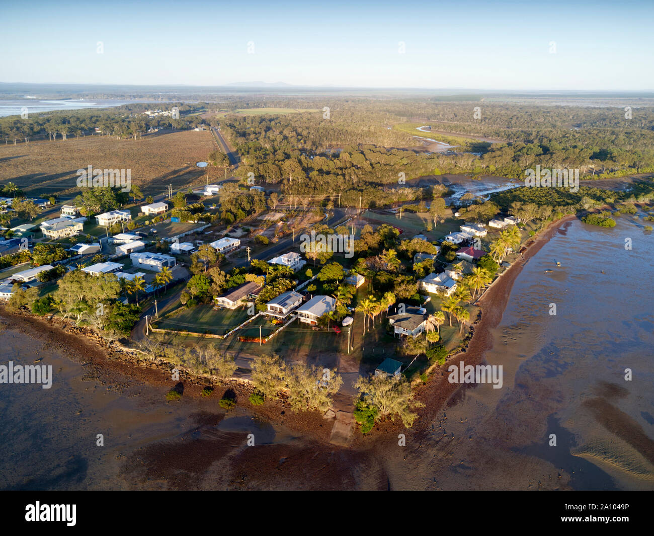 Early morning aerial of the coastal village of Boonooroo on the shores of the Great Sandy Strait