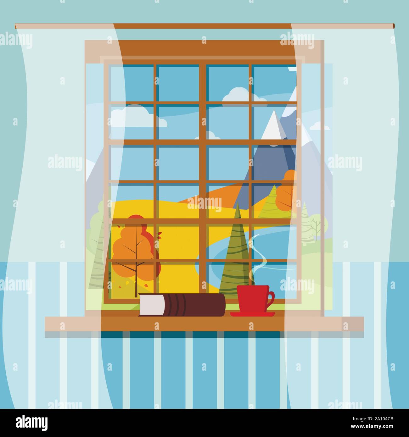 Vector illustration of autumn view window frame with closed book, cup with hot coffee or tea and curtains flat style. Stock Vector