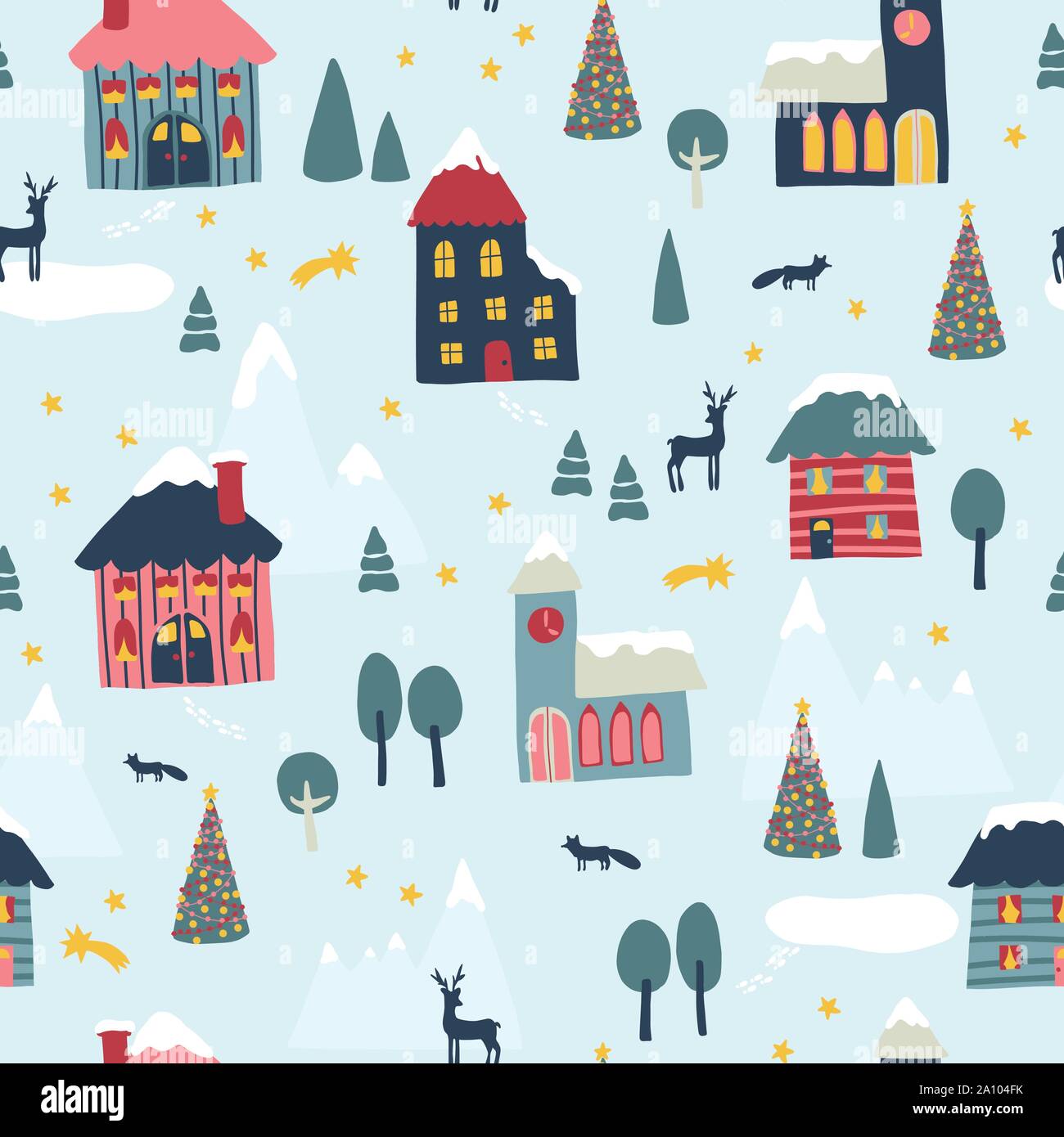 Seamless vector pattern Winter Christmas town. Holiday repeating background Scandinavian cartoon style. Snow covered Houses, church, tree, deer. For Stock Vector