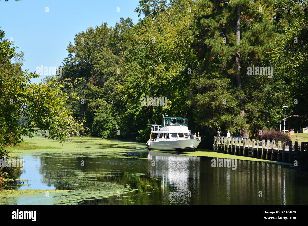A boat travels south on the Intracoastal Waterway through the Great Dismal Swamp State Park outside of Camden North Carolina. Stock Photo