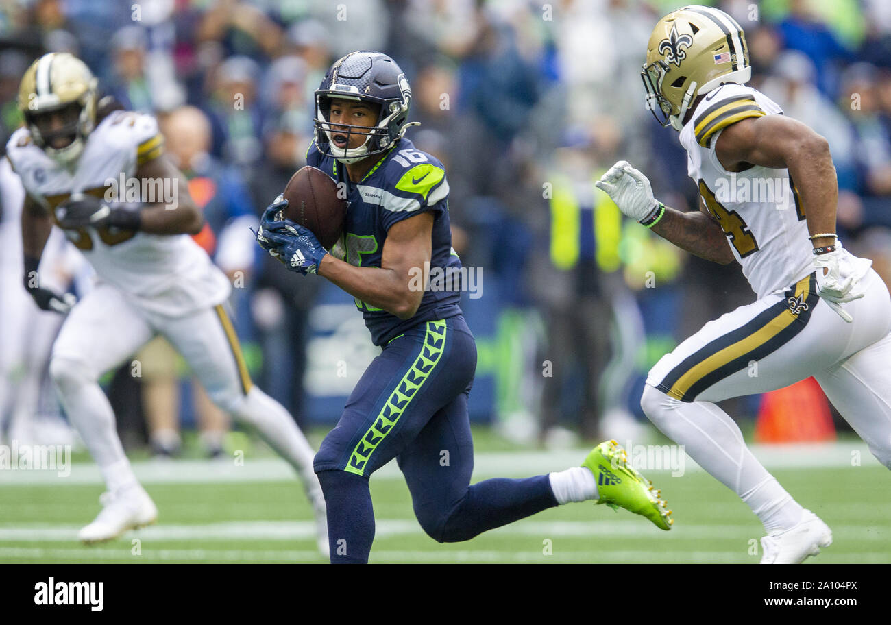 Seattle Seahawks wide receiver Tyler Lockett (16) is wrapped by Los Angeles  Rams Kickoff team during the first quarter at CenturyLink Field on October  7, 2018 in Seattle, Washington. The Rams beat