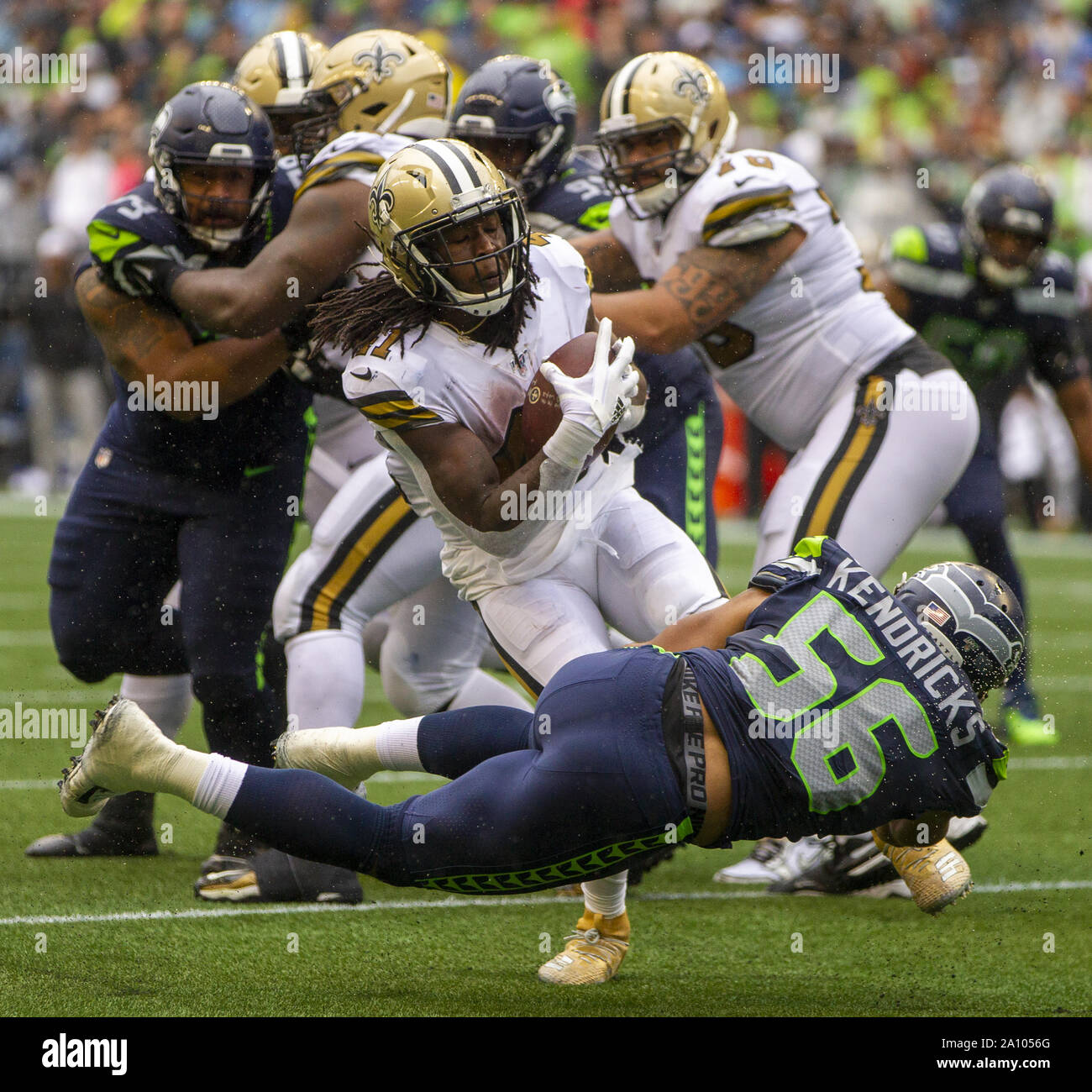 Seattle, USA. 22nd Sep, 2019. New Orleans Saints running back Alvin Kamara (41) breaks a tackle by Seattle Seahawks linebacker Mychal Kendricks (56) and runs for a 21-yard gain during the third quarter at CenturyLink Field on Sunday, September 22, 2019 in Seattle, Washington. New Orleans Saints beat the Seattle Seahawks 33-27. Photo by Jim Bryant/UPI Credit: UPI/Alamy Live News Stock Photo