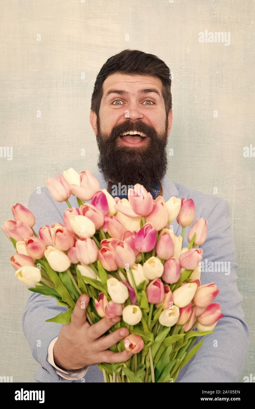 Flowers Delivery Gentleman Romantic Date Birthday Greetings Best Flowers For Girlfriend Spring Holiday Man Bearded Suit Bow Tie Hold Tulip Flowers Bouquet Gentleman Romantic Surprise For Her Stock Photo Alamy