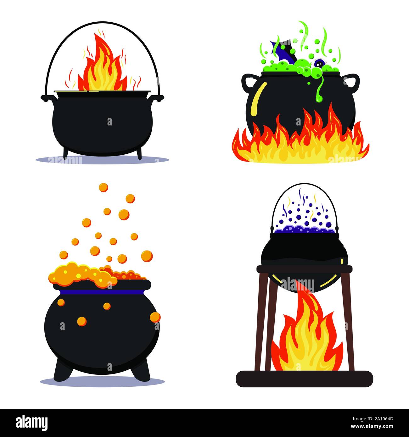 Flat design vector illustration set black halloween witches cauldron with green, orange, purple poison potion isolated. Stock Vector
