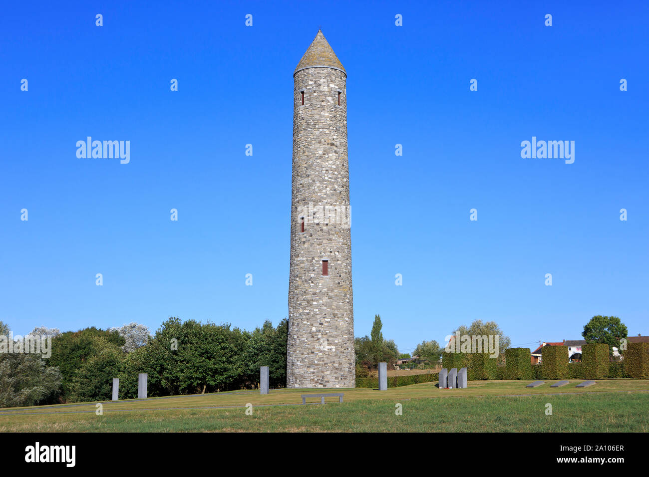 The Irish round tower and park for the Irish and Northern Irish World War I victims at the Island of Ireland Peace Park in Messines, Belgium Stock Photo