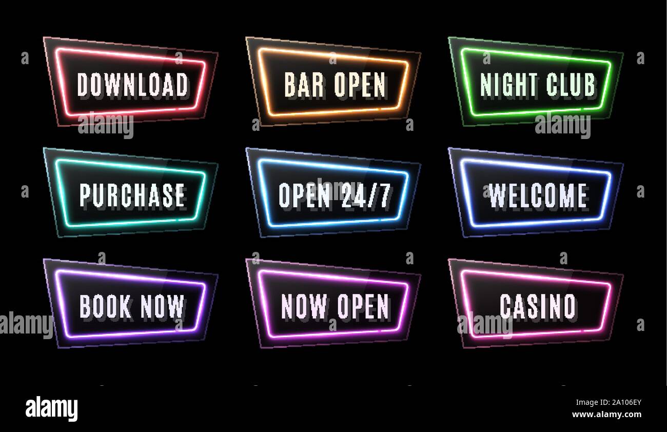 Download, Bar Open, Night Club, Purchase, Open 24 7, Welcome, Book Now, Casino neon signs set on black background. Color led web button. Glossy rectan Stock Vector