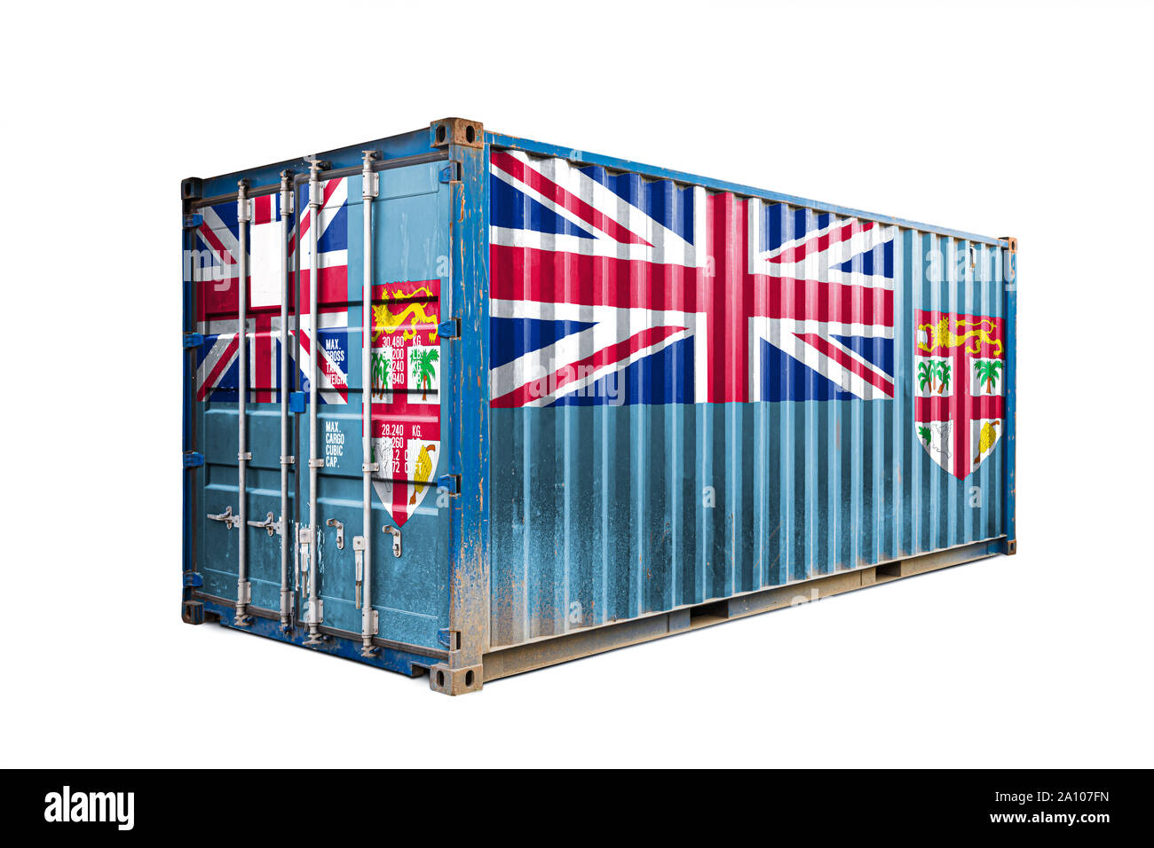 The concept of  Fiji export-import, container transporting and national delivery of goods. The transporting container with the national flag of Fiji Stock Photo